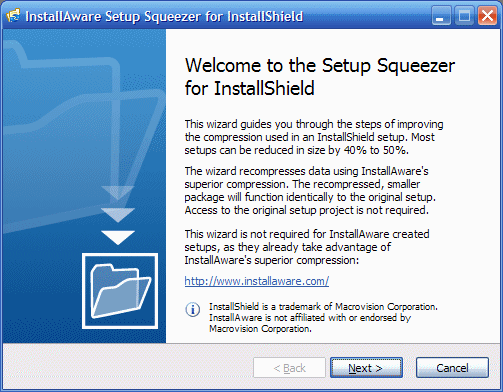 Screenshot of InstallAware Setup Squeezer for InstallShield 1.0