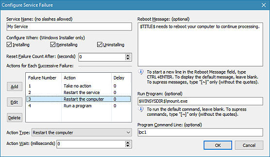  Screenshot of Service Failure Actions and Advanced Service Configuration Failure