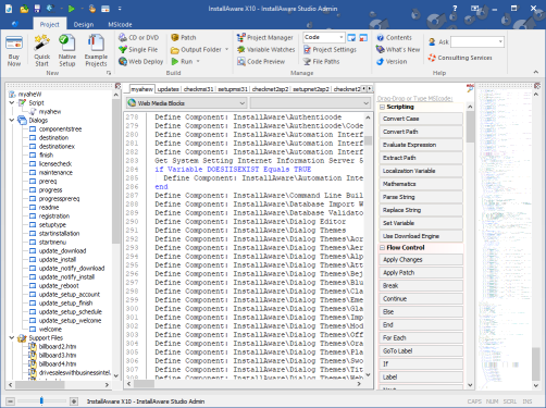 Screenshot of InstallAware IDE with the Code Preview window docked.