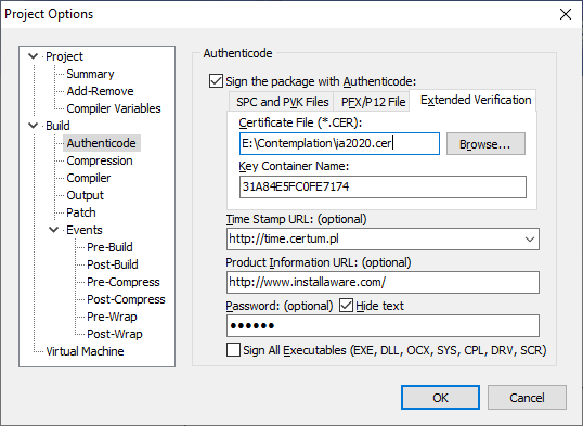 Screenshot of SHA 256 Code Signing