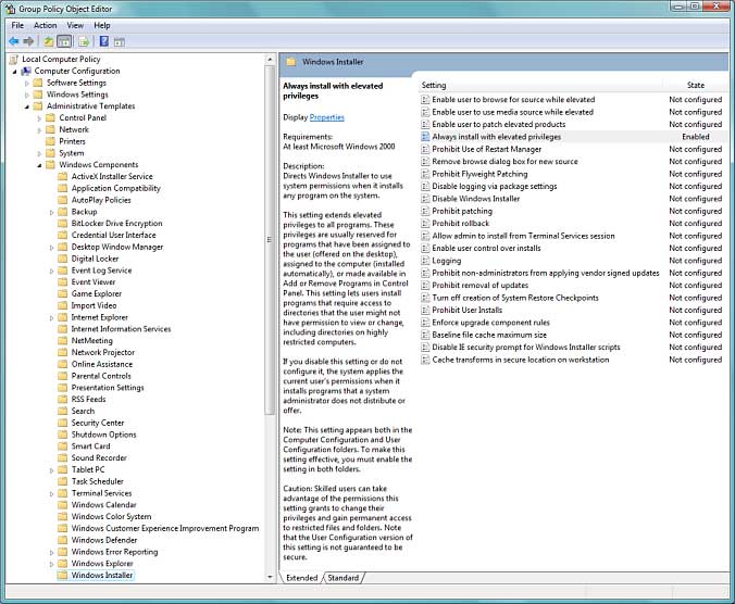 Screenshot of Elevated Privileges panel