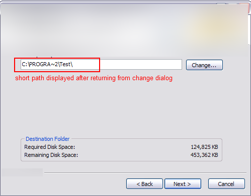 example for changing path from long to short representation by clicking on "change" and select a folder.