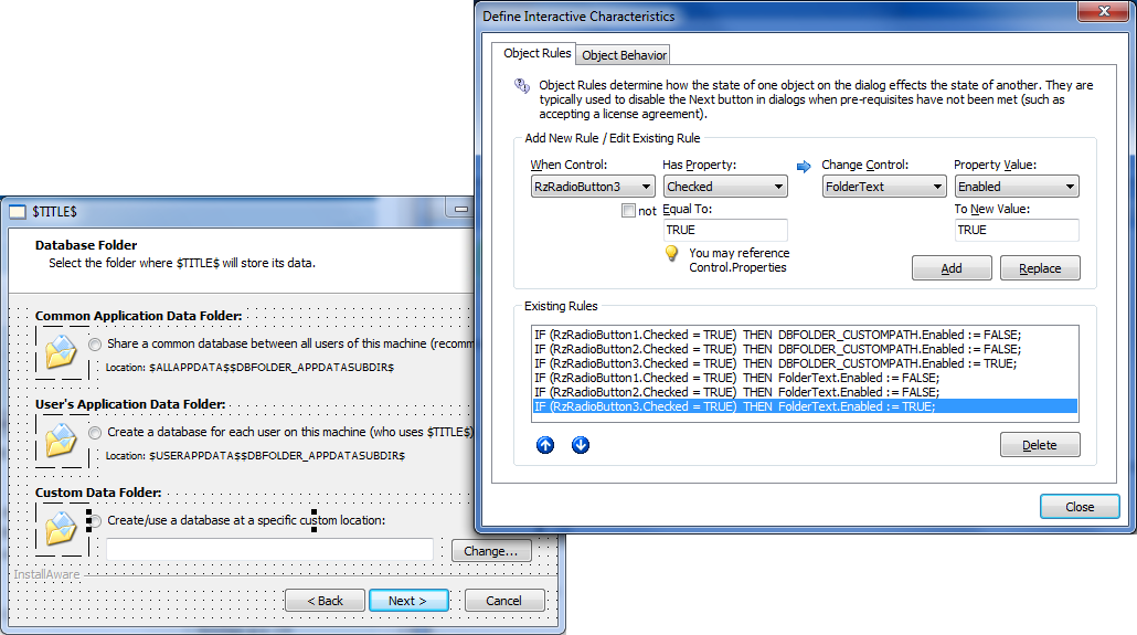 Screenshot of my dialog and rule behaviours