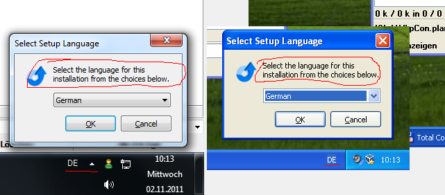 language selection dialog box on german systems (Win7 and XP)