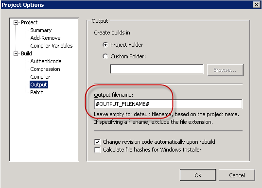 Project Options - Output filename