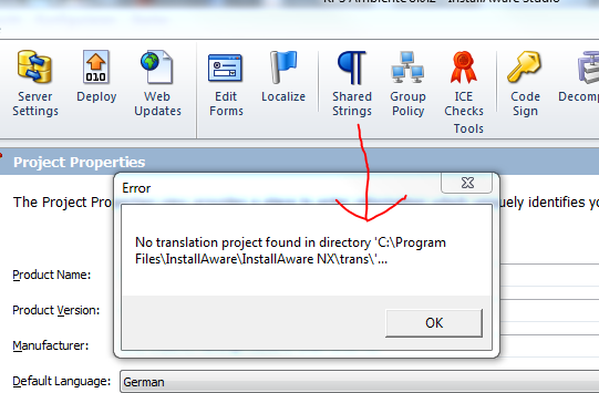 the error message after klick on shared strings