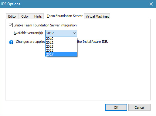 Sceenshot of Team Foundation Server Integration panel 2017