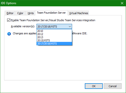 Sceenshot of Team Foundation Server Integration panel 2017